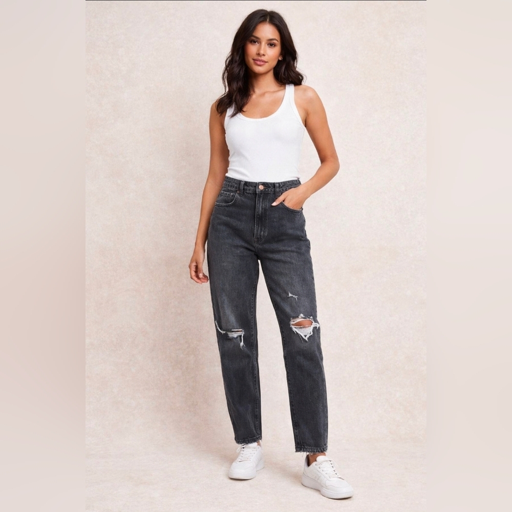 H&M Mom Jeans Women 12 Black Distressed High Waist Tapered Leg &Denim